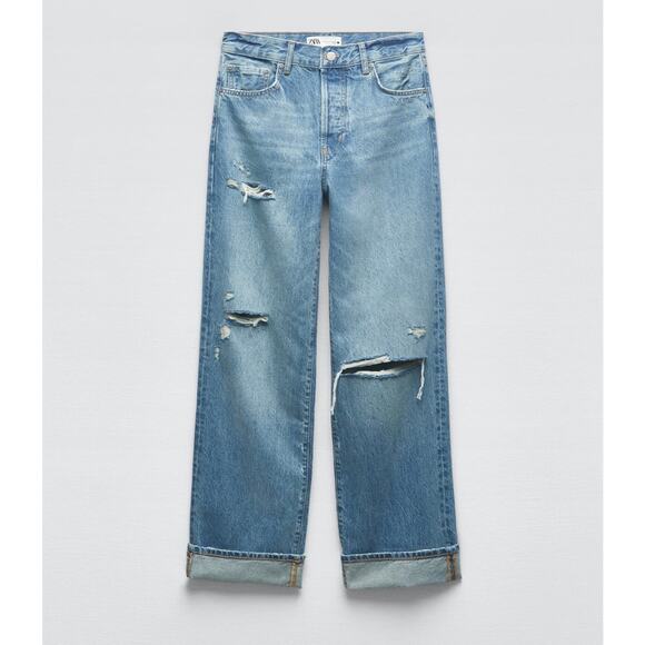 Zara Denim - ZARA Distressed Loose Fit Low Rise Jeans Womens 27 Medium Blue Wash Straight Leg